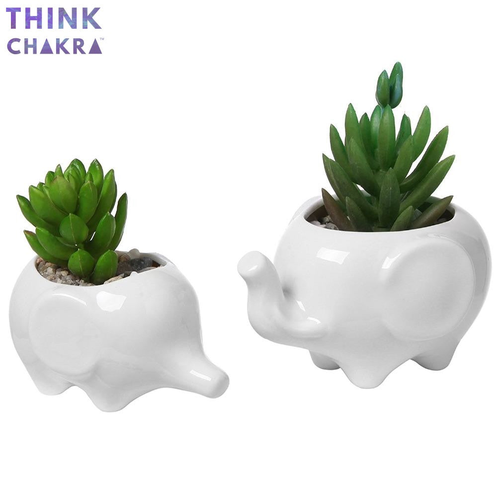 Set Of 2 White Elephant Ceramic Flower Pot